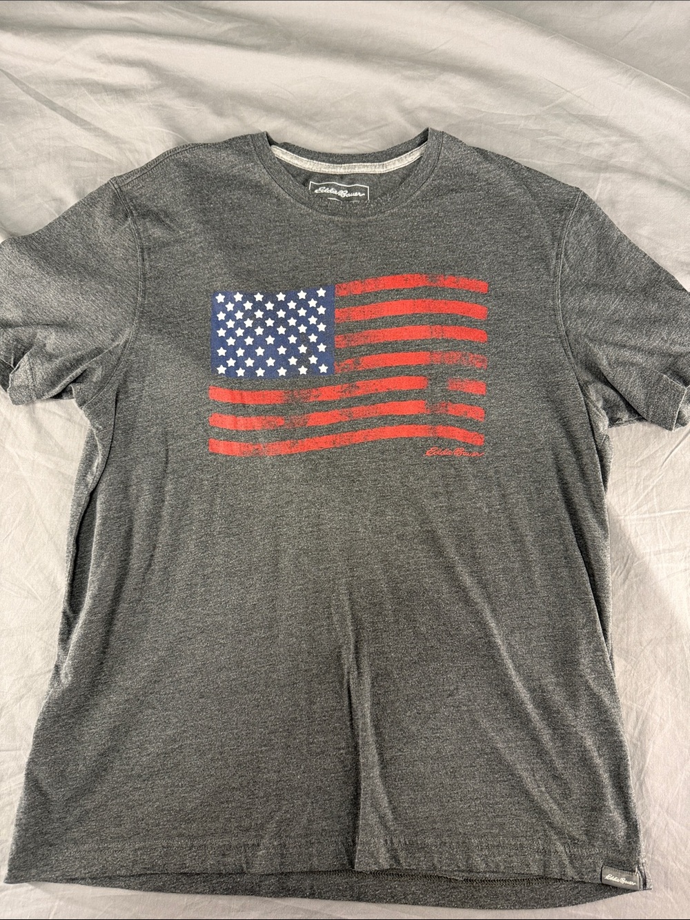Eddie Bauer Gray Tee with Red & Blue American Flag Graphic